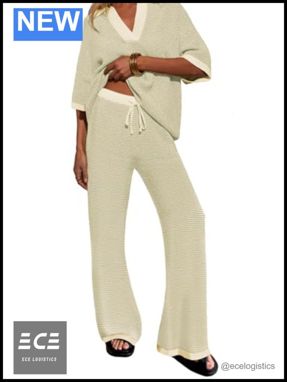 Women's 2 Piece Oversized V Neck Knit Tops Drawstring High Waisted Pants Lounge